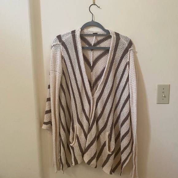 FREE PEOPLE WATERFALL KNIT LONG SLEEVE CARDIGAN CREAM AND BROWN STRIPES - Picture 2 of 7